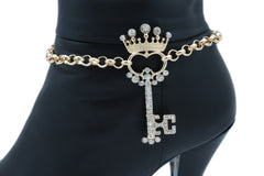 Rhinestone Crown Skeleton Key Pendant Gold Metal Boot Chain