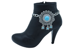 Silver Metal Boot Chain Bracelet Shoe Anklet Turquoise Blue Flower Charm