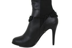 Women Western Boot Black Metal Chain Bling Style Shoe Bracelet Charm Wrap Around