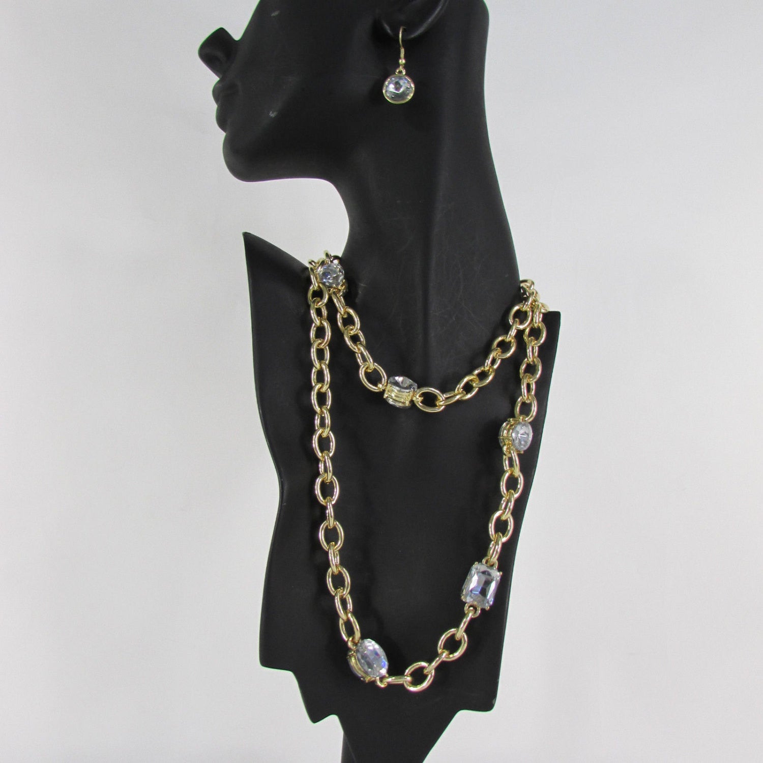 Extra Long Gold Metal Chain Links Large Rhinestones Necklace + Earrings Set Women Fashion - alwaystyle4you - 1