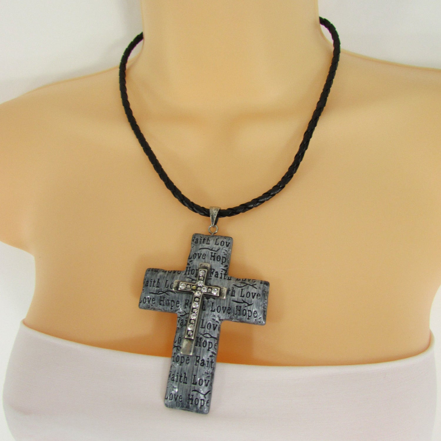 Love Hope Faith Large Silver Cross Pendant Necklace + Earring Set Women Fashion - alwaystyle4you - 4