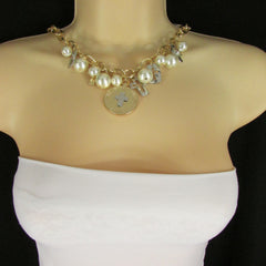 Gold Metal Chains Necklace Coin Cross Charms Imitation Pearls beads New Women Fashion - alwaystyle4you - 2