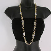 Extra Long Gold Metal Chain Links Large Rhinestones Necklace + Earrings Set New Women Fashion - alwaystyle4you - 4