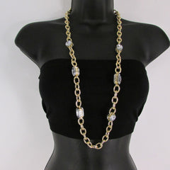 Extra Long Gold Metal Chain Links Large Rhinestones Necklace + Earrings Set New Women Fashion - alwaystyle4you - 4