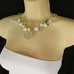 Gold Metal Chains Necklace Coin Cross Charms Imitation Pearls beads New Women Fashion - alwaystyle4you - 4