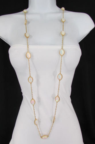 Extra Long Gold Chains Shiny Cream Beads Fashion Necklace + Earrings Set Women 26" - alwaystyle4you - 1