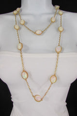 Extra Long Gold Chains Shiny Cream Beads Fashion Necklace + Earrings Set New Women 26" - alwaystyle4you - 2