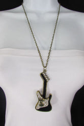 Women Gold Metal Chains Music Black Electric Guitar Fashion Necklace Pendant - alwaystyle4you - 3
