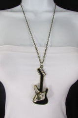 Women Gold Metal Chains Music Black Electric Guitar Fashion Necklace Pendant - alwaystyle4you - 3