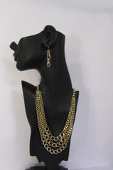Gold Three Thick Chains Links Strands Necklace + Earrings Set New Women Trendy Fashion - alwaystyle4you - 1
