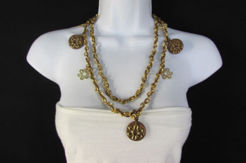 Women Gold Metal Chains Flowers Fashion Necklace Round Brown Wood Charms - alwaystyle4you - 1