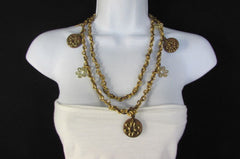 Women Gold Metal Chains Flowers Fashion Necklace Round Brown Wood Charms - alwaystyle4you - 1