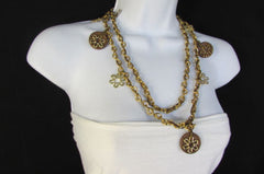 New Women Gold Metal Chains Flowers Fashion Necklace Round Brown Wood Charms - alwaystyle4you - 4