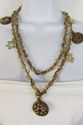 New Women Gold Metal Chains Flowers Fashion Necklace Round Brown Wood Charms - alwaystyle4you - 2