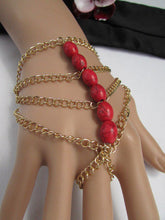 New Women Gold Fashion Bracelet Multi Strands Sky Blue & Red Beads Salve Chain Chunky Style - alwaystyle4you - 3