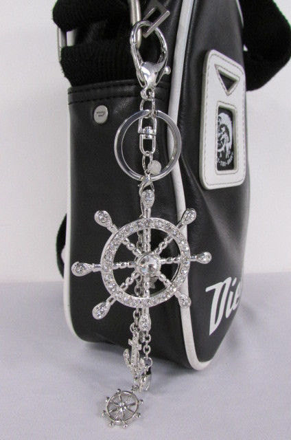 Silver Metal Key Chain Wallet Charm Nautical Sea Anchore Big Ship Wheel  Women Men Fashion Jewelry Rhinestones Charm - alwaystyle4you - 1