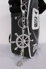Silver Metal Key Chain Wallet Charm Nautical Sea Anchore Big Ship Wheel  Women Men Fashion Jewelry Rhinestones Charm - alwaystyle4you - 1