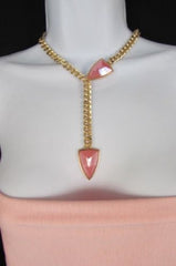 Gold Metal Chains 16" Long Big Pink Beads Necklace + Earrings Set New Women Fashion - alwaystyle4you - 2