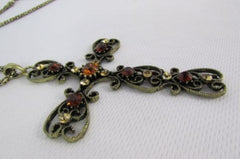 New Women 24" Long Gold Metal Chain Necklace Classic Cross Pendant Rhinestones - alwaystyle4you - 3