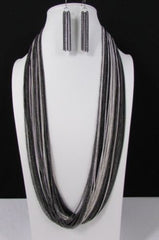 Silver Black / Antique Gold Thin Multi Chains Long Necklace + Earrings Set Women Fashion - alwaystyle4you - 1