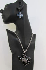 Long Silver Chains Big Black Texas Rodeo Horse Pendant Necklace + Earrings Set New Women - alwaystyle4you - 4