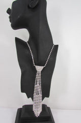 New Women Fashion Necklace Silver Metal Chains Long Neck Tie Pendant Rhinestones 14" Drop - alwaystyle4you - 1