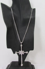 New Women Big Cross Metal Chain Fashion Necklace Gold / Silver / Pewter Rhinestone Pendant - alwaystyle4you - 2