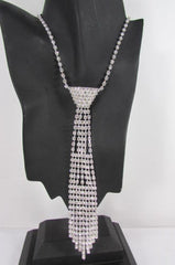 New Women Fashion Necklace Silver Metal Chains Long Neck Tie Pendant Rhinestones 14" Drop - alwaystyle4you - 4