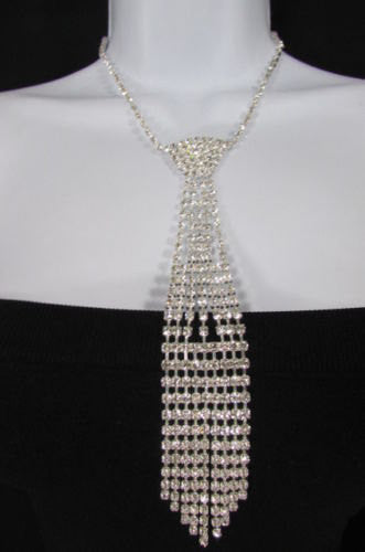 Women Fashion Necklace Silver Metal Chains Long Neck Tie Pendant Rhinestones 14" Drop - alwaystyle4you - 2