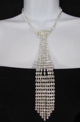 Women Fashion Necklace Silver Metal Chains Long Neck Tie Pendant Rhinestones 14" Drop - alwaystyle4you - 2