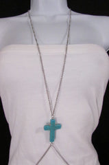 New Women Silver Body Chain Long Necklace Big Turquoise Blue Cross Fashion Jewelry - alwaystyle4you - 2