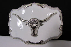 New Men White Metal Cowboy Western Fashion Big Buckle Silver Bull Head 3D Face - alwaystyle4you - 4