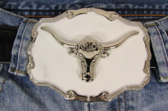 New Men White Metal Cowboy Western Fashion Big Buckle Silver Bull Head 3D Face - alwaystyle4you - 1