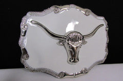 New Men White Metal Cowboy Western Fashion Big Buckle Silver Bull Head 3D Face - alwaystyle4you - 2