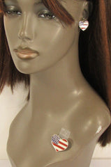 New Women American Flag Heart USA Silver Metal Pin Broach + Matching Earring Set - alwaystyle4you - 3