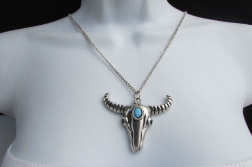 Women 17" Long Western Fashion Necklace Silver Chain Big Bull Skull Turquise Blue Bead Skeleton Texas - alwaystyle4you - 1