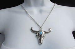 Women 17" Long Western Fashion Necklace Silver Chain Big Bull Skull Turquise Blue Bead Skeleton Texas - alwaystyle4you - 1