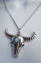 New Women 17" Long Western Fashion Necklace Silver Chain Big Bull Skull Turquise Blue Bead Skeleton Texas - alwaystyle4you - 2