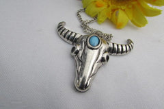 New Women 17" Long Western Fashion Necklace Silver Chain Big Bull Skull Turquise Blue Bead Skeleton Texas - alwaystyle4you - 3