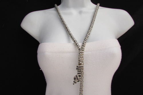 Women 20" Long Fashion Necklace Silver Metal Snake Chains Belt Black Beads - alwaystyle4you - 1