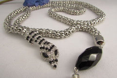 New Women 20" Long Fashion Necklace Silver Metal Snake Chains Belt Black Beads - alwaystyle4you - 4