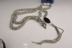 New Women 20" Long Fashion Necklace Silver Metal Snake Chains Belt Black Beads - alwaystyle4you - 2