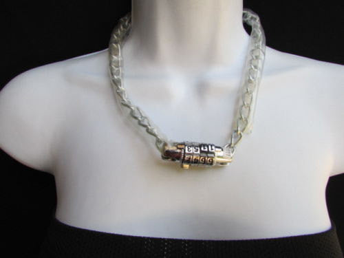 Women fashion necklace silver metal chunky chains number lock - alwaystyle4you - 1