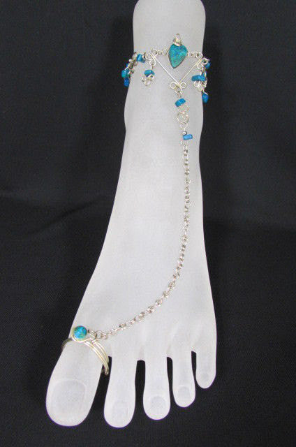 Women Casual Fashion Toe Ring Slave Anklet Multi Beads Silver Foot Chain Blue / White Stones Beads Pool Beach Party Wedding - alwaystyle4you - 4