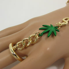 New Women Gold Metal Dollar Sign Connected Green Marihuana Leaves Hand Chain Trendy Fashion Bracelet Finger Slave Ring Body - alwaystyle4you - 3