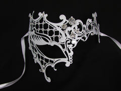 New Women Fashion Mardi Gras White Metal Half Mask Silver Rhinestones Halloween Carnival Half Face Right Side Back Tie - alwaystyle4you - 1