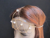 One Size Brand New Women Gold Multi Clear Beads Metal Waves Head Chain Fashion Hair Piece Trendy Style Jewelry Rhinestone Light Thin Chains - alwaystyle4you - 2