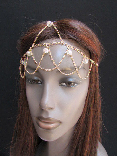 One Size Brand Women Gold Multi Clear Beads Metal Waves Head Chain Fashion Hair Piece Trendy Style Jewelry Rhinestone Light Thin Chains - alwaystyle4you - 1