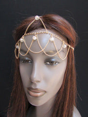 One Size Brand Women Gold Multi Clear Beads Metal Waves Head Chain Fashion Hair Piece Trendy Style Jewelry Rhinestone Light Thin Chains - alwaystyle4you - 1