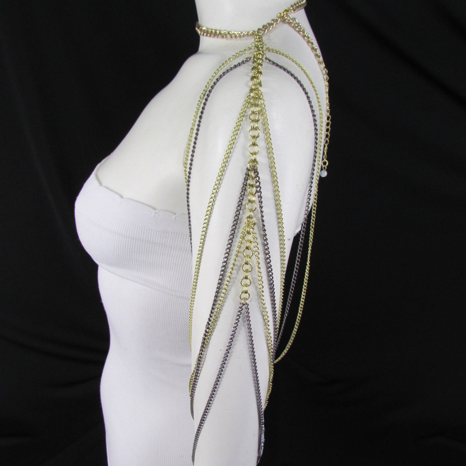 Brand Women Trendy One Side Body Chain Gold Metal Black Pewter Mesh Chain Necklace Fashion Shoulder Drapes Lady Gaga Women Accessories - alwaystyle4you - 1